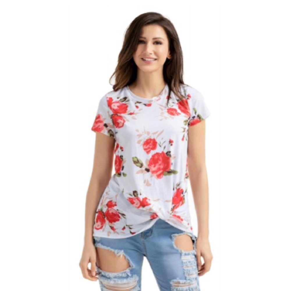 Women’s Plus Size White Floral Knot Front top